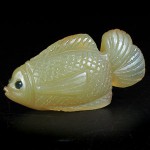 KG-012 Hand carved genuine natural Fire Opal in parrot Fish goldfish Shape Statue with 2 Genuine Blue Sapphires Inlaid in The Eyes